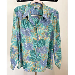 ALFRED DUNNER Size 16 Green Lavender Blue Tan Long Sleeve Button Up Blouse Shirt